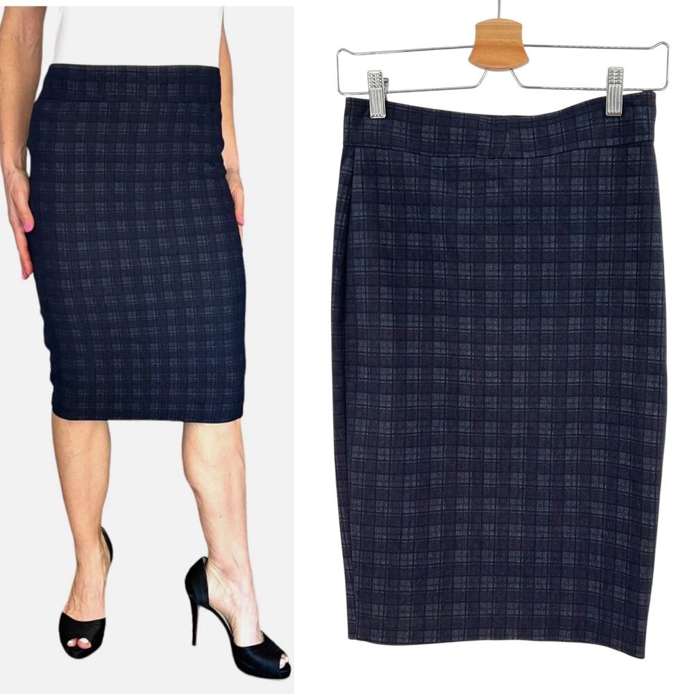Avenue Montaigne Pull On Pencil Skirt Plaid Check Flannel Stretch Blue Size 00
